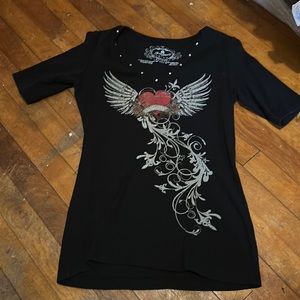 Greeysource size small women’s shirt black, red, white w gems